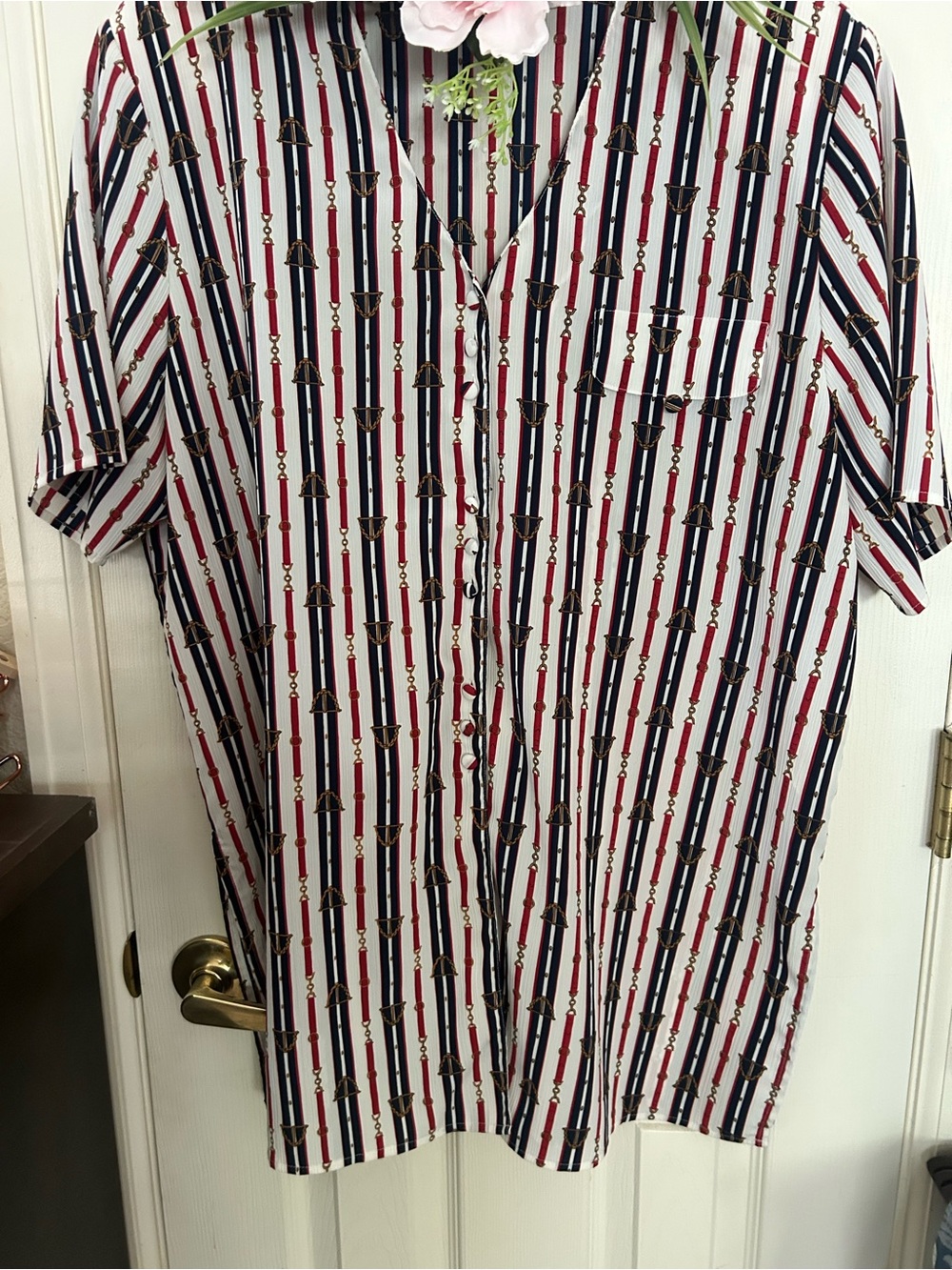 Ladies stripped Short-Sleeve Button White with Red & Navy Stripes size XL.